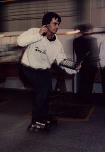 An Intel representative takes mobile computing to heart at the old Exhibition Buildings; pcshow01.jpg - 11195 Bytes