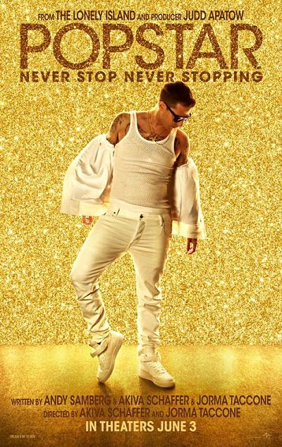 movie poster, Popstar Never Stop Never Stopping, Festivale film review page; 400x634