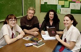 Paul Collins and Isobelle Carmody with young readers; 309x200