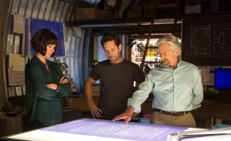 Evangeline Lilly, Paul Russ and Michael Douglas in ANT-MAN (c) Walt Disney Pictures;800x489