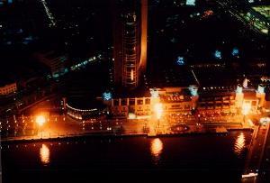 The hourly plumes of fire, seen from the Rialto Towers.