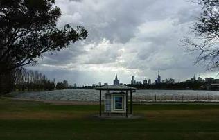Albert Park Lake with Melbourne skyline in the background. Photograph (c) by Ali Kayn 2005