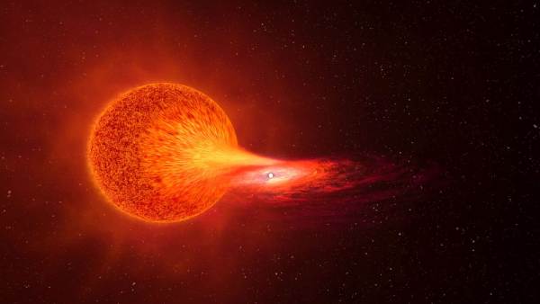 Gas swirls and spirals around the tiny star until it catastrophically implodes. Credit: Melbourne Planetarium ; 600x338