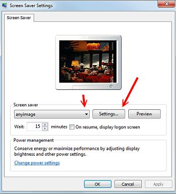 AnyImage screen saver select in Windows 7; 350x385